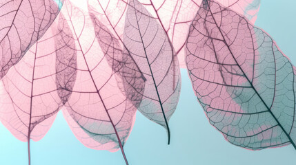Pink autumn leaves on blue background. Illustration AI Generative.