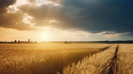 Plakat Field of ripe golden wheat in rays of sunlight Illustration AI Generative.