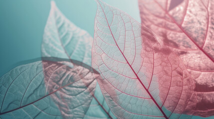 Pink autumn leaves on blue background. Illustration AI Generative.