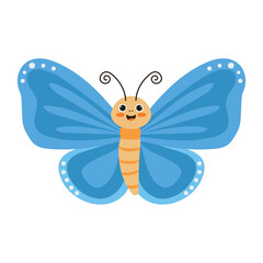 Flat illustration of a colorful cheerful butterfly with blue wings on a white background.