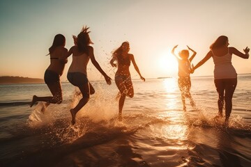 Happy friends at beach party runs to sunset water. Generative AI