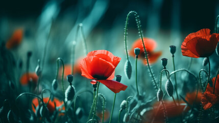 Fototapeta premium Red poppies background. Illustration AI Generative.