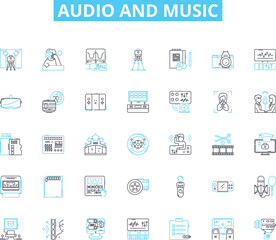 Audio and music linear icons set. Melody, Rhythm, Harmony, Tempo, Beat, Groove, Vibe line vector and concept signs. Sound,Instrument,Voice outline illustrations Generative AI