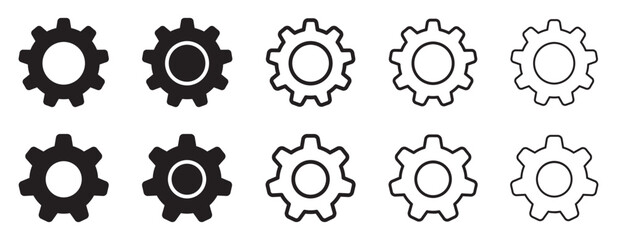 Set of gears icons. Cogwheel. Settings. Black and contour gears. Vector illustration.