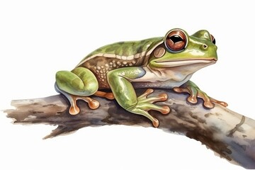 Digital illustration of a watercolor painted tree frog, on a branch, isoalted on white background. Nature art, design asset. Made in part with generative ai.
