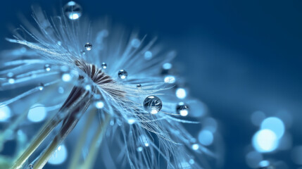 Water drops on white dandelion. Illustration AI Generative.