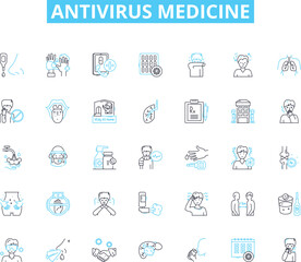 Antivirus medicine linear icons set. Protection, Security, Safety, Defense, Shield, Immunity, Firewall line vector and concept signs. Antiviral,Antimicrobial,Antitoxin outline Generative AI