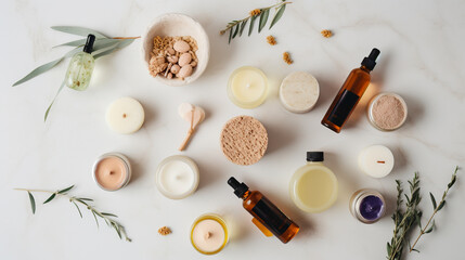 Fototapeta na wymiar A top view of a collection of organic skincare products arranged on a white stone table. Ideal for promoting natural and chemical-free skincare. Generative AI