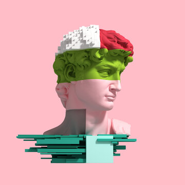 3d glitch of David head on pink background
