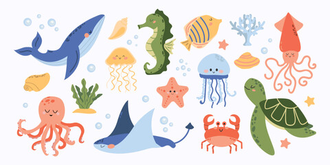 Vector set of marine life. Fish and wild marine animals isolated on white background. Sea life. Cute whale, squid, octopus, stingray, jellyfish,fish, crab, seahorse. Algae and seashells. Cartoon style