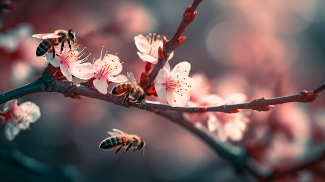Bees on Sakura twig macro illustration for Cherry blossom day. Generative AI