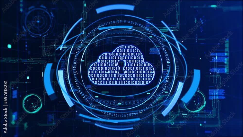 Poster cloud computing technology internet on converging point of circuit with abstract blue background. cl