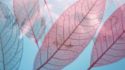 Naklejka na ściany i meble Pink autumn leaves on blue background. Illustration AI Generative.