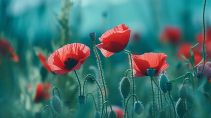 Red poppies background. Illustration AI Generative.