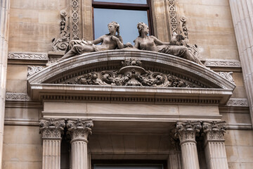 Architectural fragment of Brussels Stock Exchange building (BeursBourse) on the Place de la Bourse....