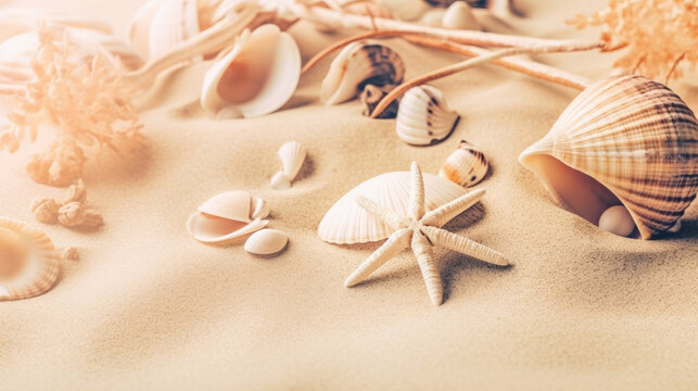 Sandy background with starfish and shells. Illustration AI Generative