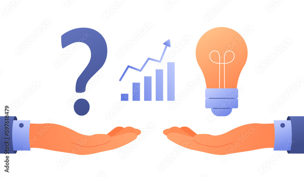 Poster question and answer. hand holds sign, graph and light bulb. problem solving metaphor. creative perso