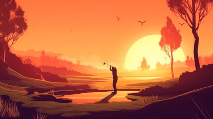 Golfer sport swing action at sunset in sand trap playground illustration. Generative AI