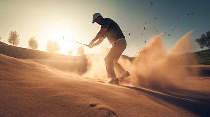 Golfer sport swing action at sunset in sand trap playground illustration. Generative AI - obrazy, fototapety, plakaty