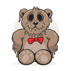 A cartoon of a teddy bear with a red tie that says'spooky'on it