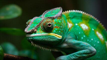 Fototapeta premium Green colored chameleon close up. Generative AI