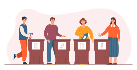 People sorting garbage. Men and women throw away plastic bottles. Zero waste lifestyle. Eco friendly volunteers and activists. Caring for nature and ecology. Cartoon flat vector illustration