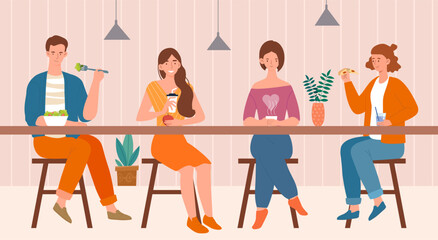 People eating concept. Men and women sit at table in cafe. Friends, students and colleagues at lunch break with salad, apple and cocktail, coffee or tea and pizza. Cartoon flat vector illustration