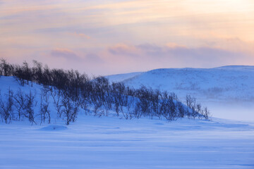 Sunset winter landscape in Lapland, Enontekio, Finland, Europe	

