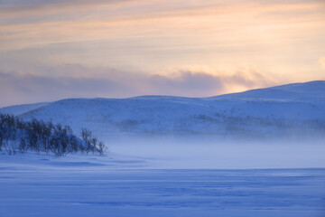 Stormy windy winter landscape in Lapland, Enontekio, Finland, Europe