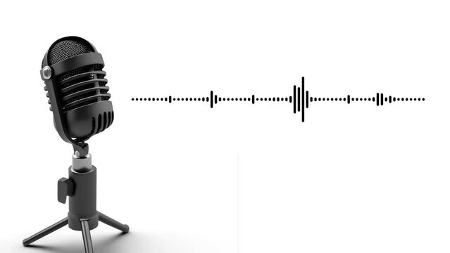 Classic Microphone and sound wave for recording Music and podcasts. Mic Stand in white background with audio waveform. 