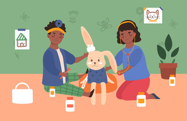 Kids treat bunny. Boy with thermometer and girl with stethoscope play doctors. Friends spend time together, diagnose toy. Indoor activity and leisure concept. Cartoon flat vector illustration