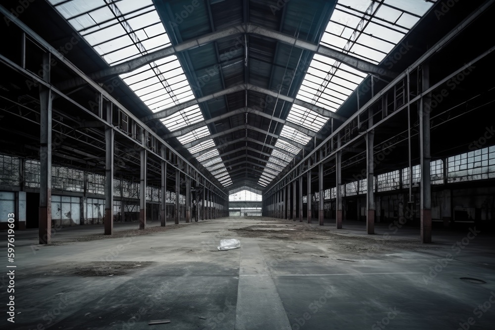 Poster an empty warehouse with abundant natural light pouring in through the windows and skylight. generati