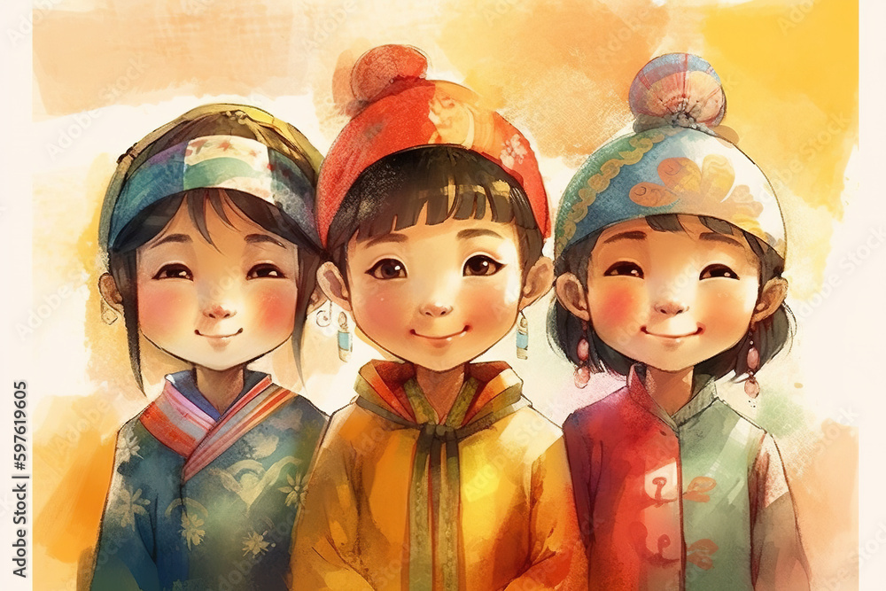 Poster a group of three children standing next to each other. ai generative image