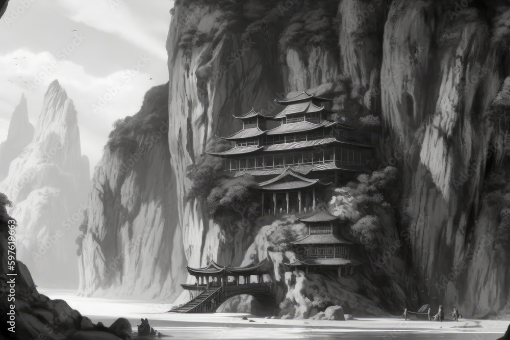 Poster pagoda perched on top of a majestic mountain range. generative ai