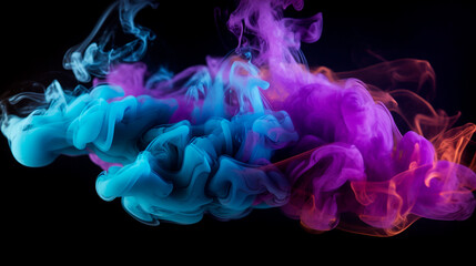 Neon blue and purple multicolored smoke puff cloud design elements on a dark background. Generative AI