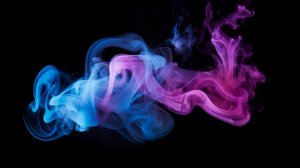 Neon blue and purple multicolored smoke puff cloud design elements on a dark background. Generative AI