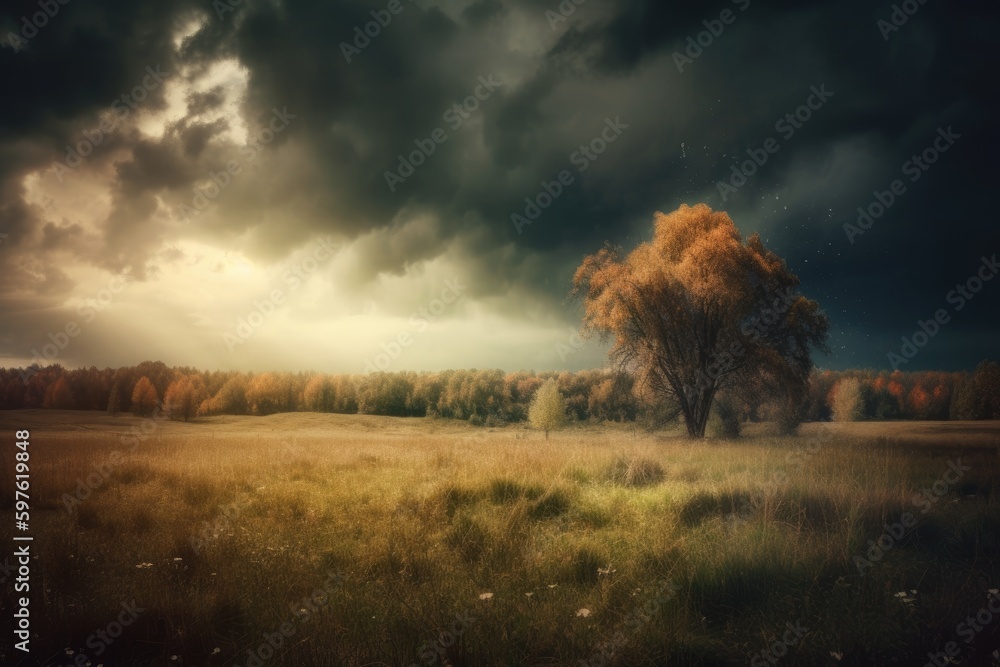 Poster solitary tree standing in a vast field under a dramatic cloudy sky. generative ai