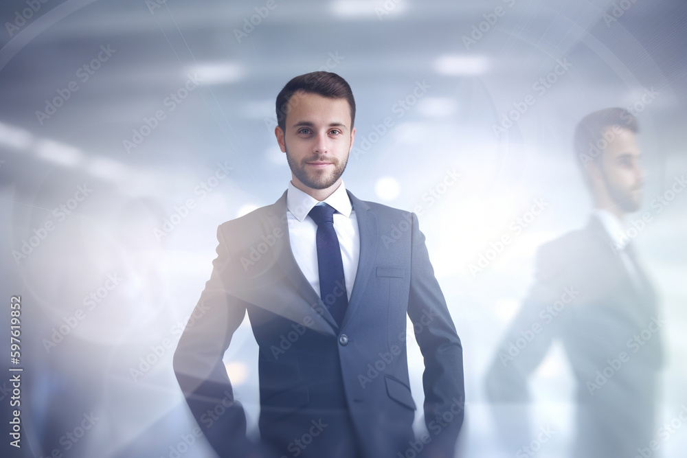 Poster a man in a suit and tie standing in front of another man. ai generative image