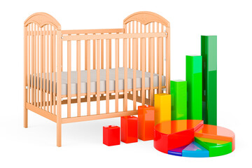 Baby crib, infant bed with growth bar graph and pie chart, 3D rendering