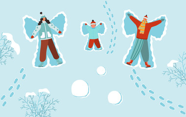 Family making snow angels. Man, woman and child lie in snow and make figures. Mom and dad spend time together with son, outdoor leisure and activity in winter season. Cartoon flat vector illustration