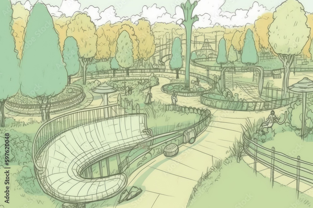 Canvas Prints peaceful park with trees and benches. Generative AI