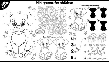 Vector dog placement for children. Set of outline kids games with cartoon cute puppy. Play and coloring. Printable activity mat with maze, connect the dots and color, find differences and other.