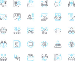 Working environment design linear icons set. Ergonomics, Ambience, Productivity, Sustainability, Collaboration, Flexibility, Creativity line vector and concept signs. Generative AI