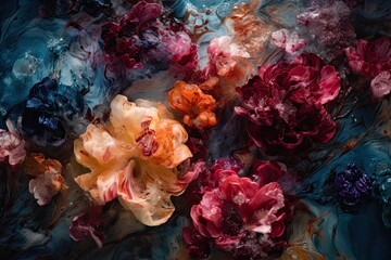 Flowers Floating in Liquid on Black with Colorful Turbulence.Generative AI illustration