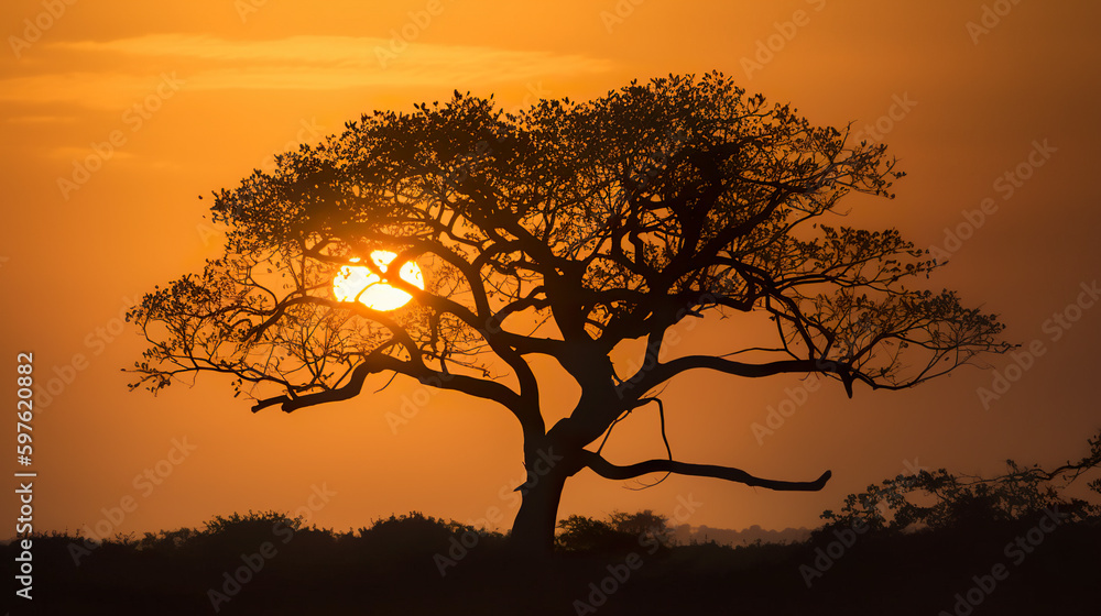 Aufkleber the sun is setting behind a tree in a field. ai generative image