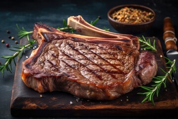 juicy and delicious steak on a wooden cutting board. Generative AI