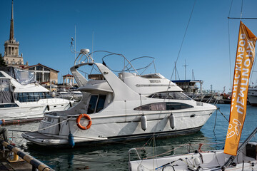 Fototapeta premium Russia, Sochi - April 13, 2023, seaport, Ships and yachts at the pier