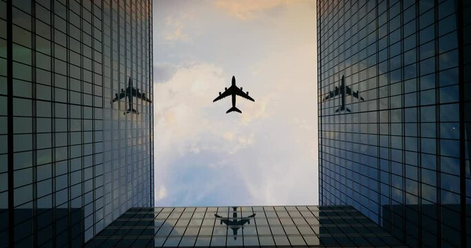 Airplane Flies Over Office Buildings Against A Clouds, Beautiful 3D Animation 
