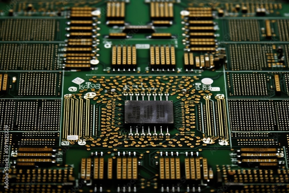 Poster close-up view of a computer motherboard. generative ai