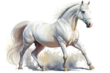 Naklejka na ściany i meble Generative AI. Animal illustration. White stallion, portrait of a white horse. Watercolor illustration